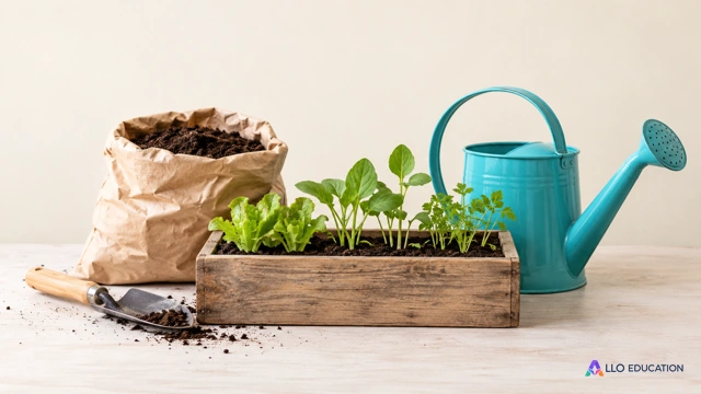 Sac de terre, arrosoir, pelle et bac de jeunes pousses sur une table de jardinage.