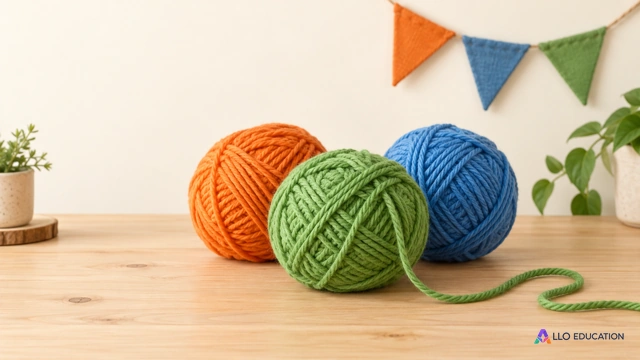 Pelotes orange, bleue et verte et fil déroulé dans un atelier de guirlandes.