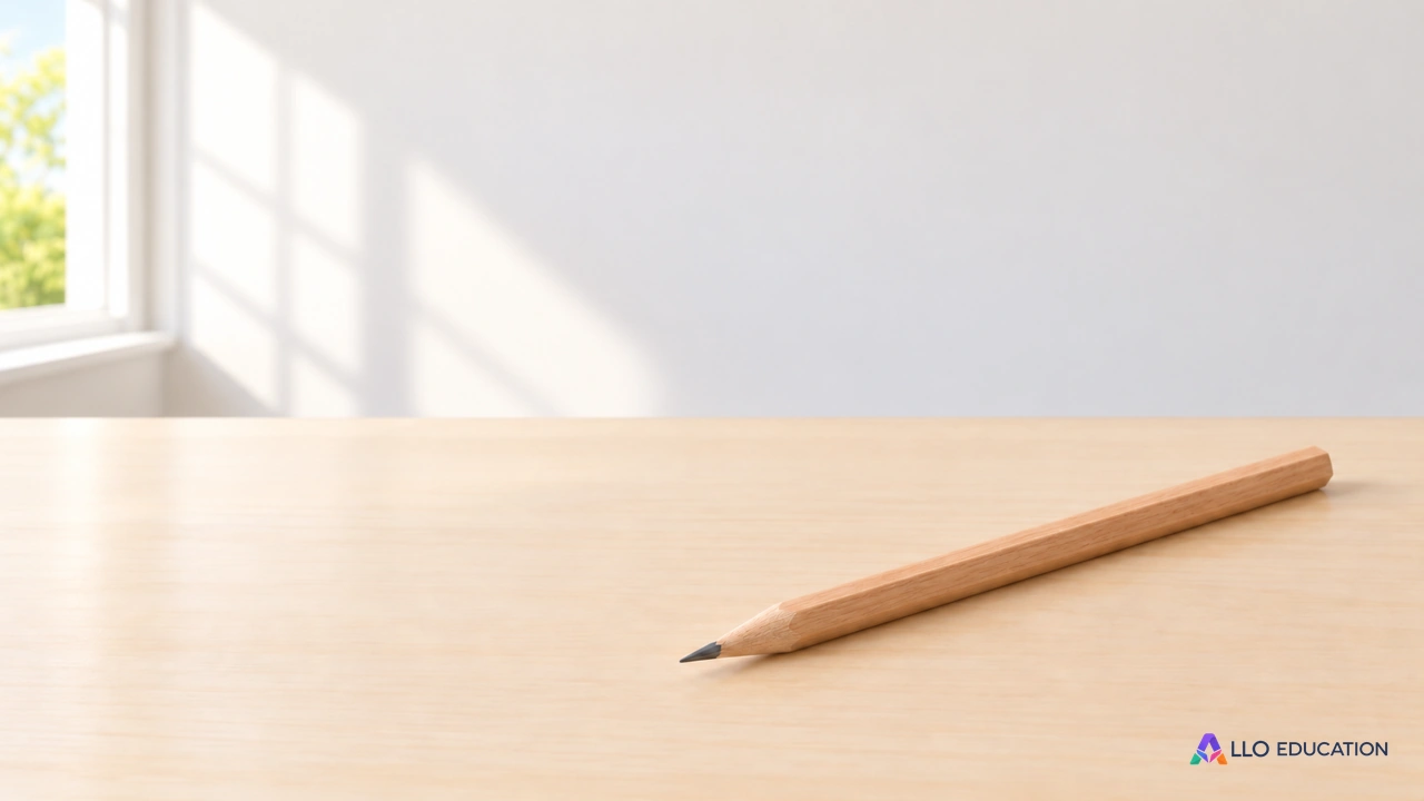 Un crayon en bois uni entier, posé sur une table claire.