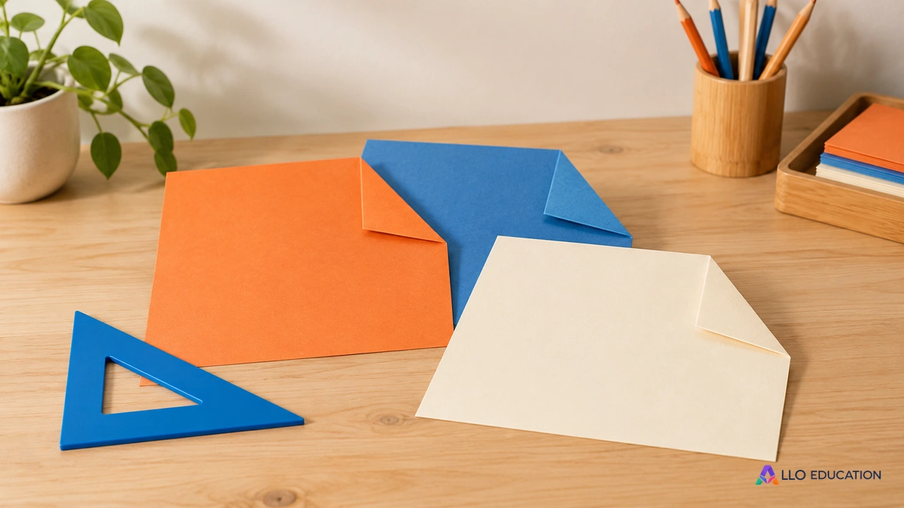 Papiers pliés et équerre unie pour un atelier de construction d’angles.