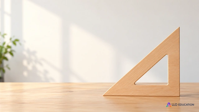 Une équerre en bois clair sans écriture, posée sur une table.