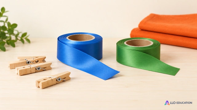 Rubans bleu et vert, pinces de bois et tissus dans un atelier de fanions.