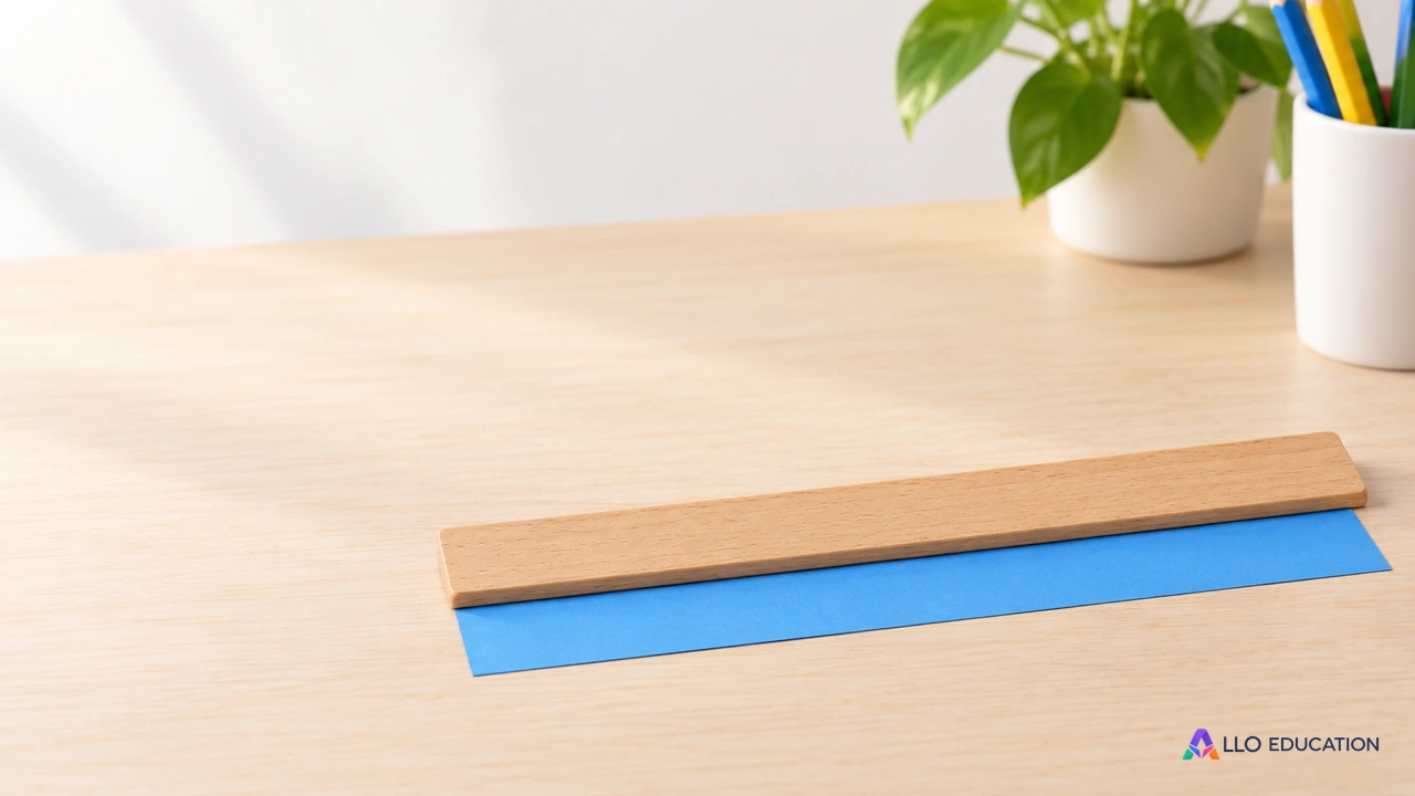 Une règle de bois unie posée le long d’une bande de papier bleu.