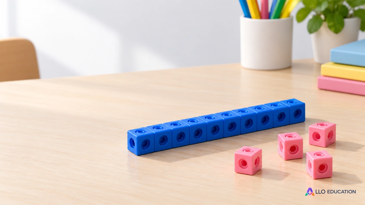 Une barre de cubes emboîtables bleus et quelques cubes roses isolés sur une table.