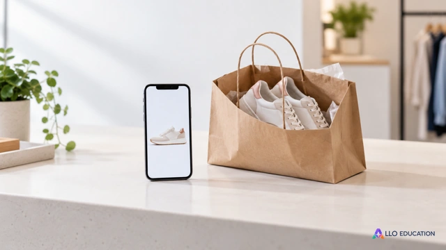 Un téléphone et un sac kraft contenant des chaussures sur un comptoir.
