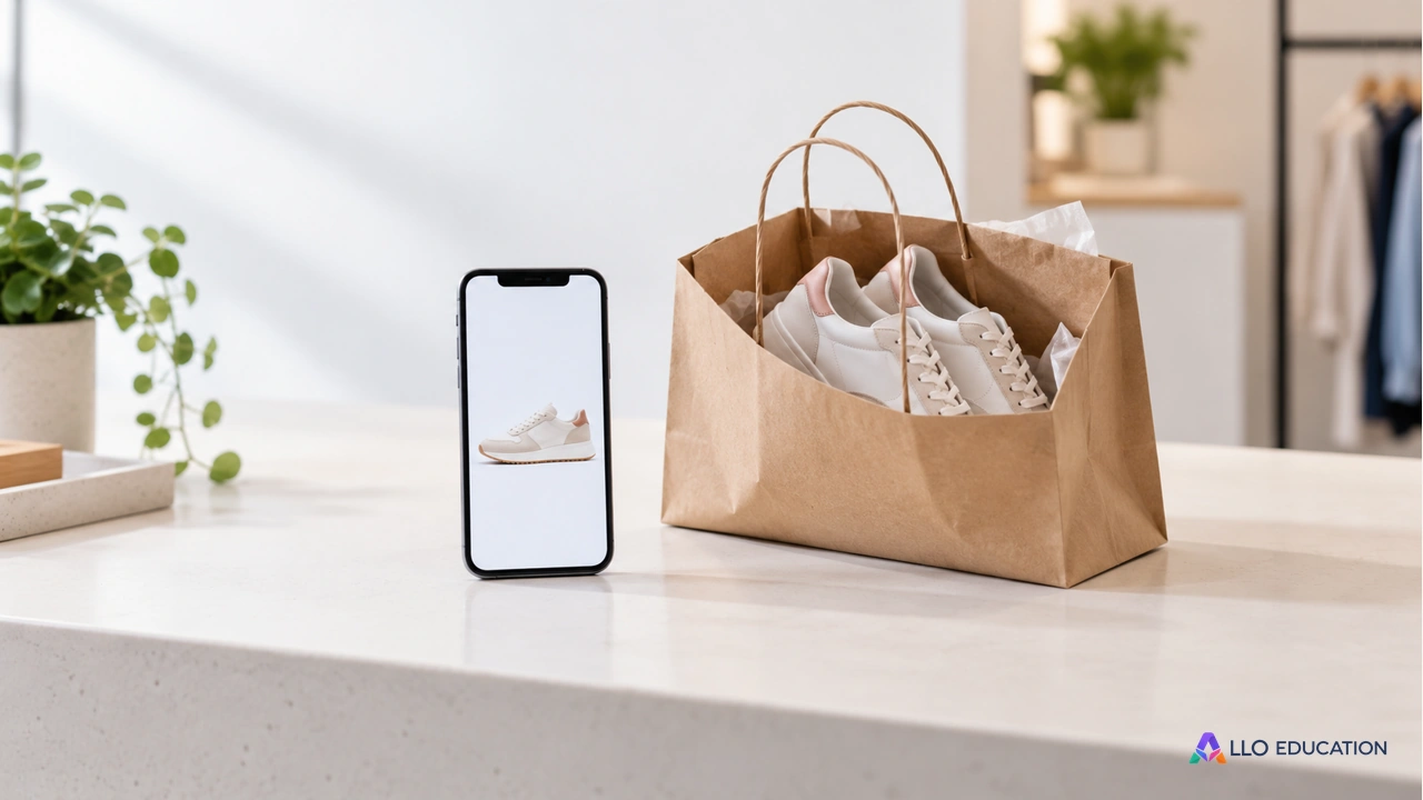 Un téléphone et un sac kraft contenant des chaussures sur un comptoir.
