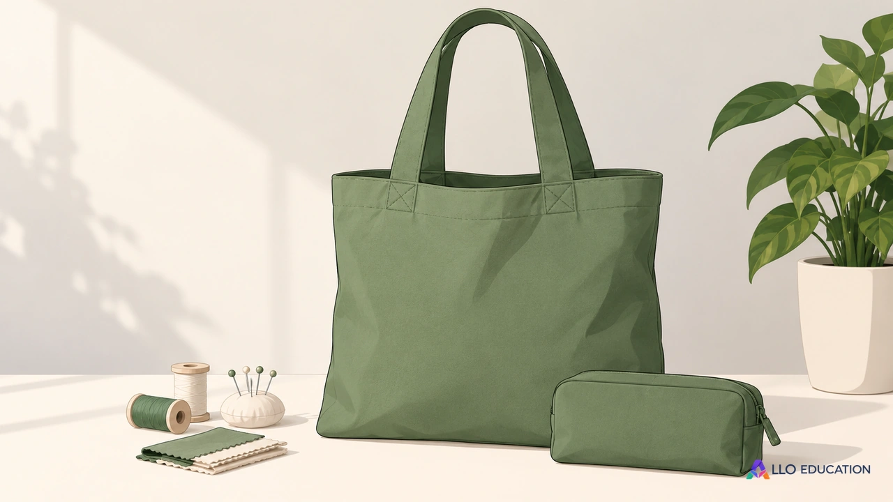Un sac cabas uni et une trousse de couture évoquent un bien accompagné d’un service de réparation.