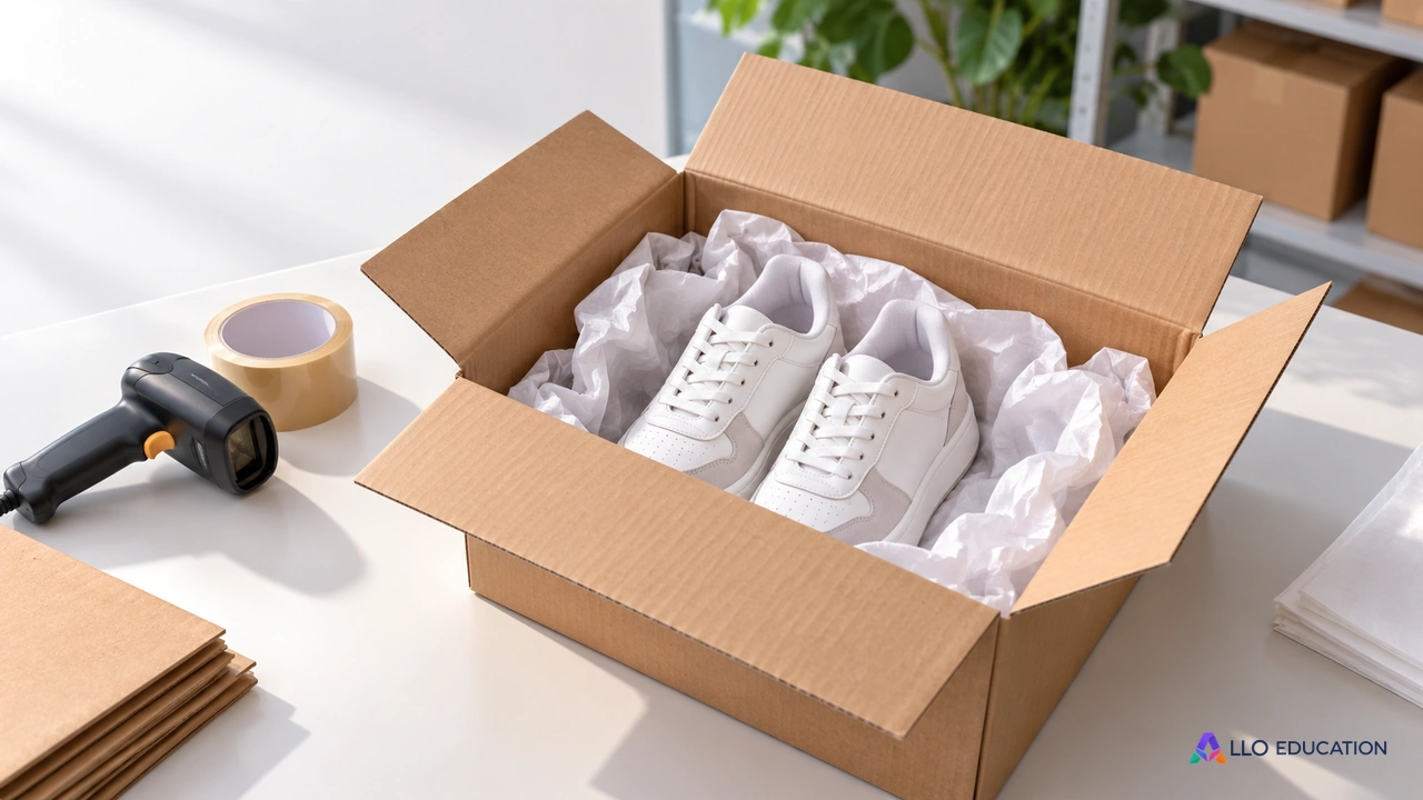 Un colis ouvert, des chaussures et des outils d’emballage représentent une commande à préparer.