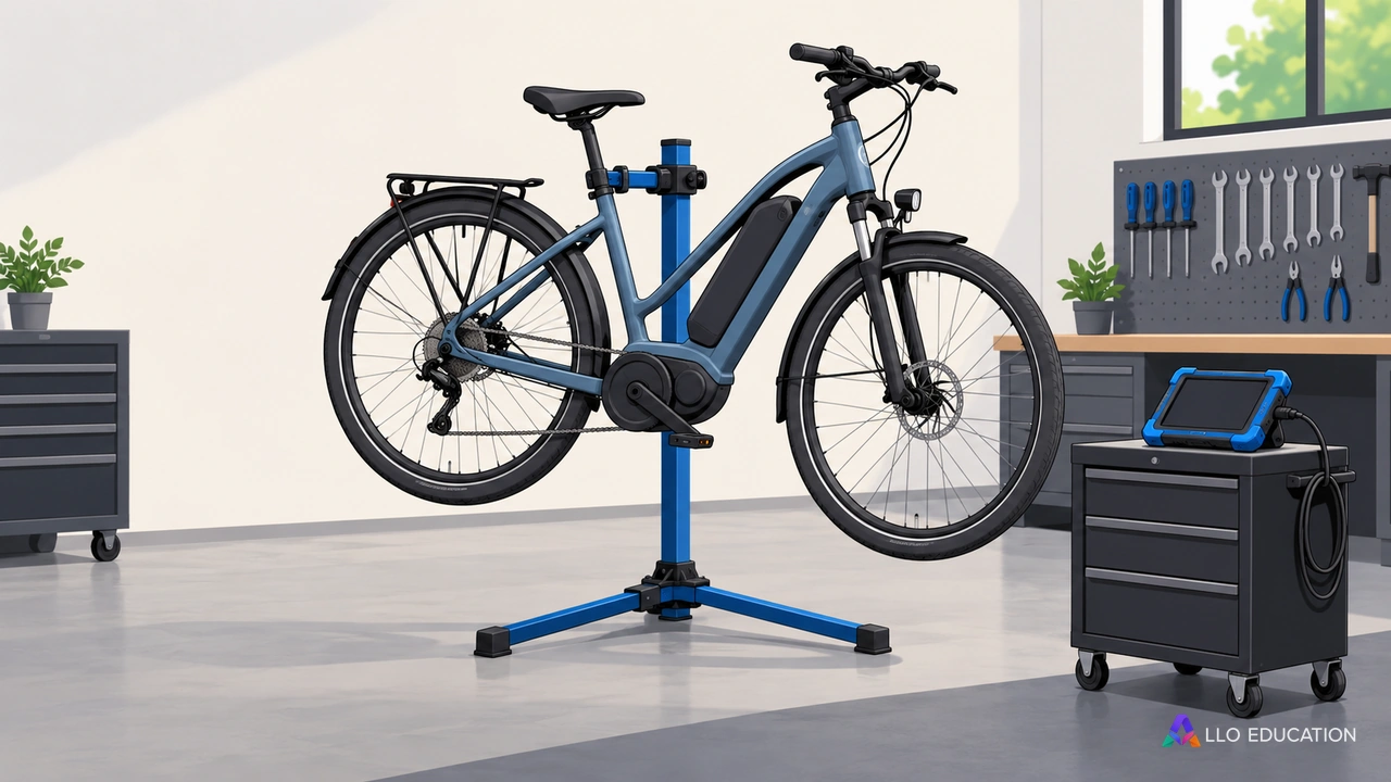 Un vélo électrique sans marque sur un support de réparation, avec un outil de diagnostic, évoque une compétence nouvelle.