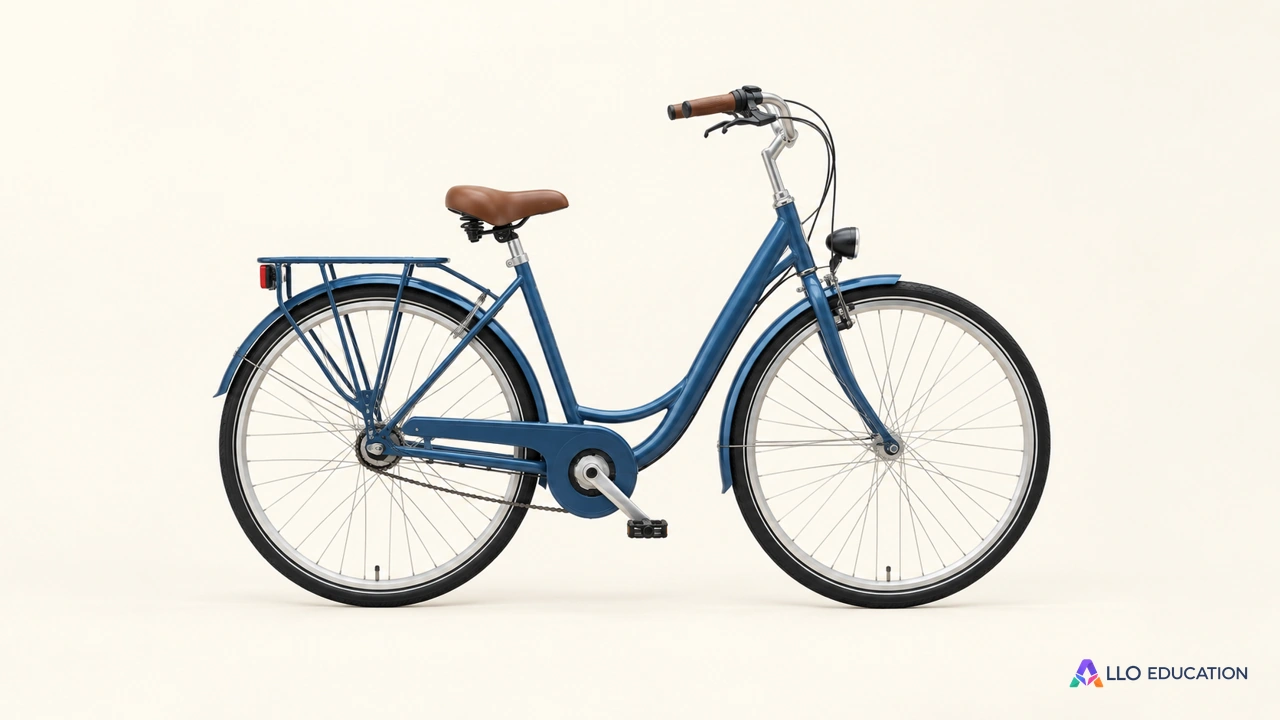 Un vélo de ville bleu uni vu de profil, avec ses deux roues et un porte-bagages, est isolé sur un fond clair ; il annonce les choix de fabrication.