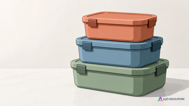 Une pile de boîtes réutilisables unies évoque le service de repas et la réduction des déchets.