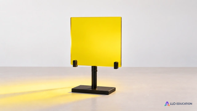 Une plaque de filtre jaune translucide sur un support simple entier, isolée sur fond clair.