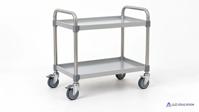 Un petit chariot de laboratoire à quatre roues, isolé sur fond clair, sans charge ni marquage.