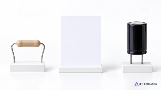 À gauche une résistance électrique simple non marquée ; au centre une feuille blanche vierge ; à droite un condensateur cylindrique non marqué