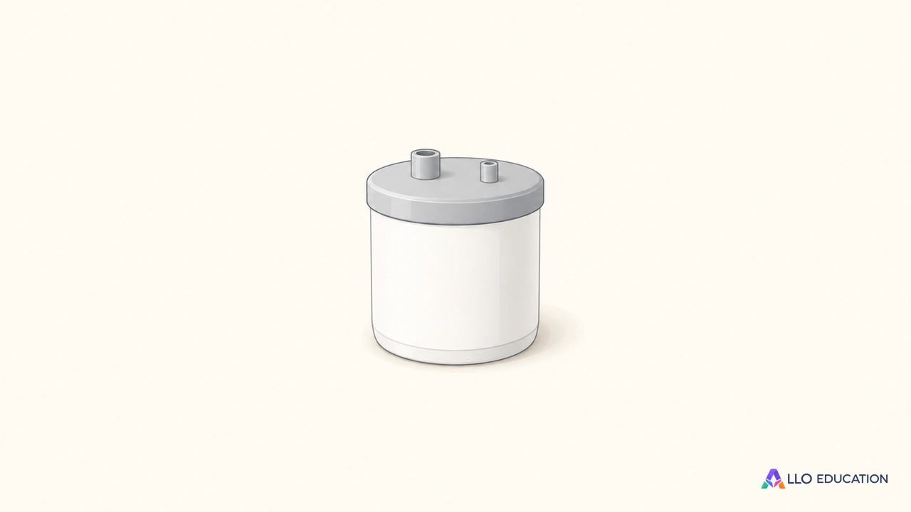 Un récipient calorimétrique cylindrique fermé et entier, blanc avec un couvercle gris clair, sans inscription.