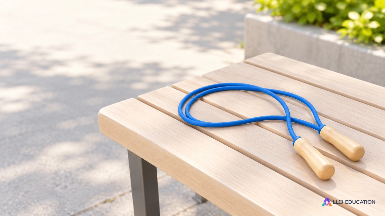 Une corde à sauter unie posée sur un banc clair.