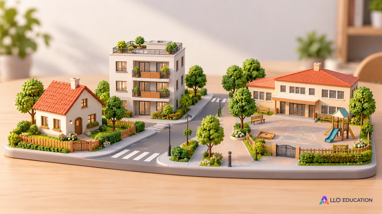 Un quartier miniature imaginaire avec des logements, une rue et une école.