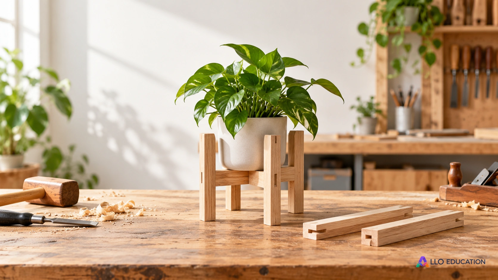 Un support de plante en bois en cours d’assemblage évoque un objectif de travail et les moyens pour le réaliser.