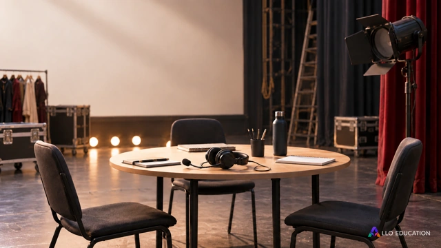 Un projecteur et un casque de communication près de sièges réunis autour d’une table.