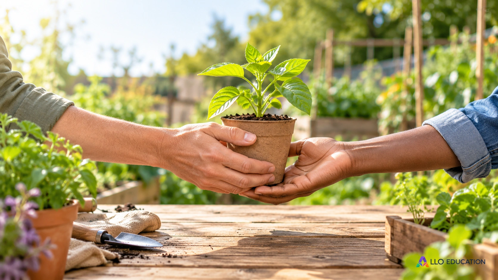 Deux personnes se passent un jeune plant, image d’une contribution et d’un échange.