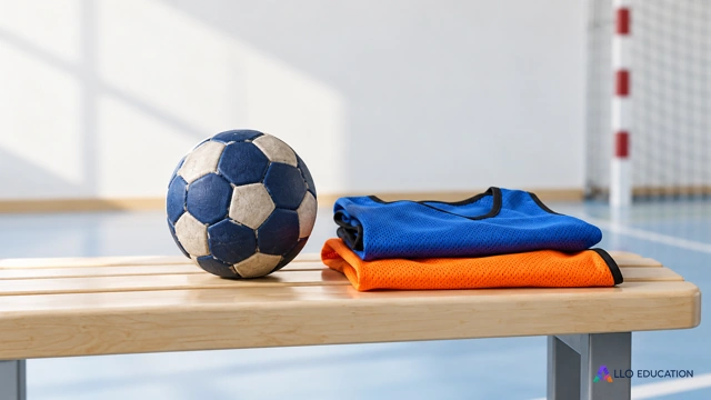 Un ballon et des chasubles unies pliées sur un banc clair.