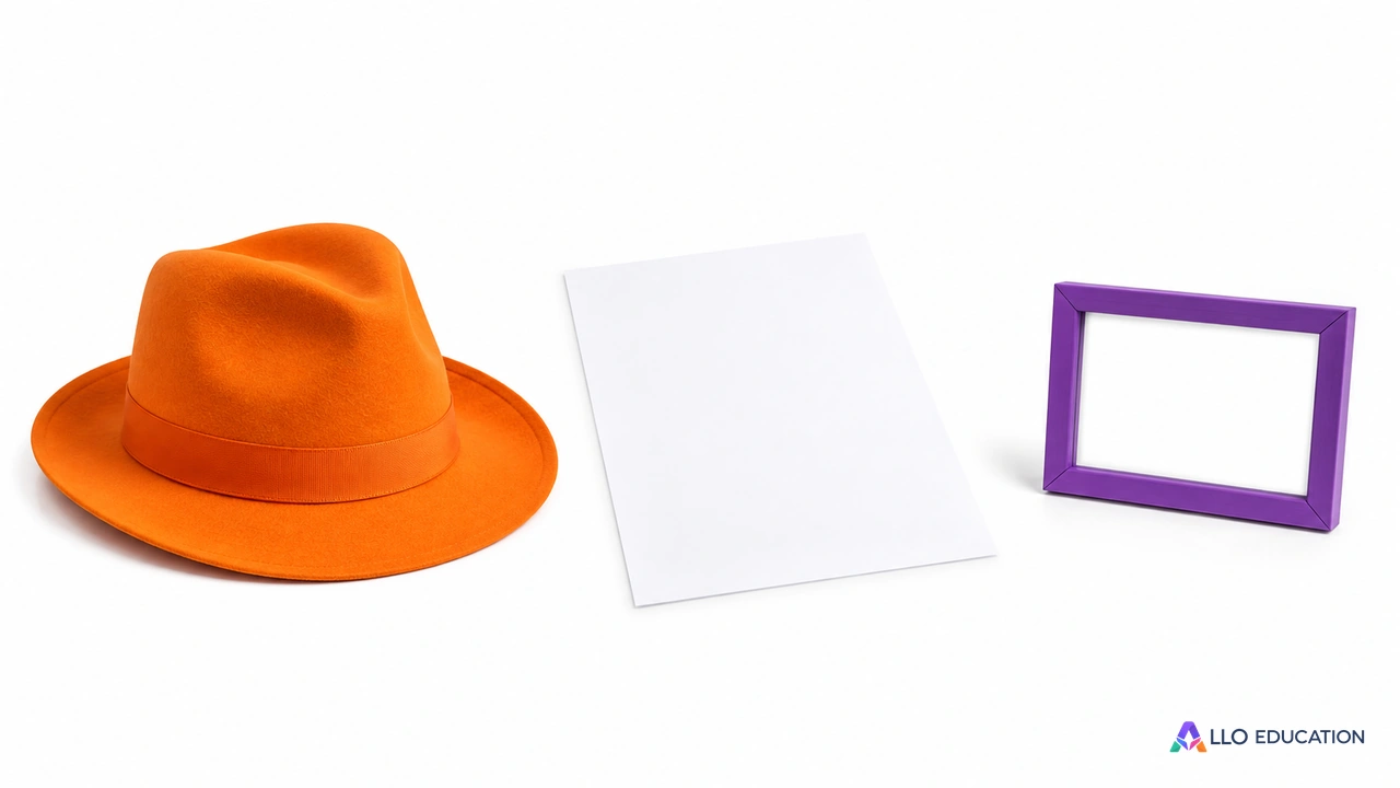 Chapeau orange, feuille vierge et cadre violet vide, supports d’un atelier fictif.