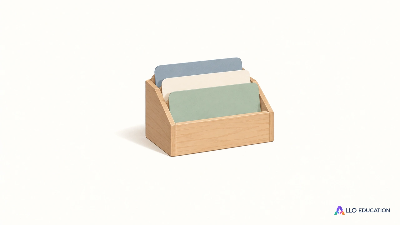 Un petit porte-fiches en bois clair contient trois fiches entièrement vierges de couleurs sobres.