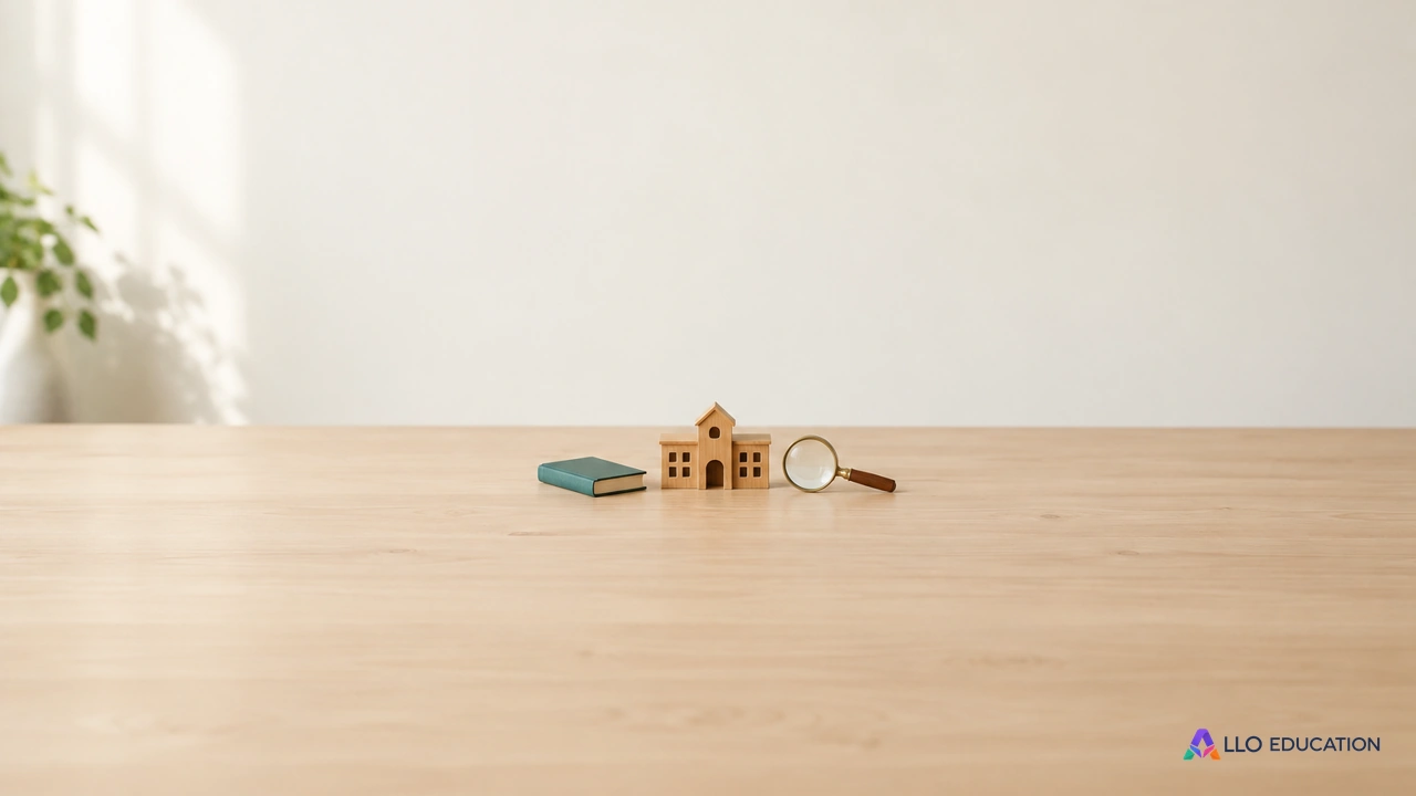 Un livre vert, une école miniature et une loupe posés sur une table claire.
