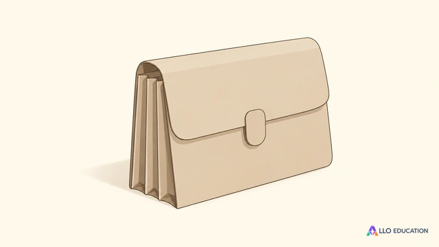 Un petit classeur à soufflet beige fermé, entier et sans inscription, sur fond clair.