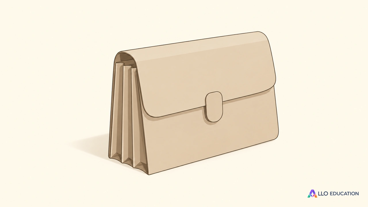 Un petit classeur à soufflet beige fermé, entier et sans inscription, sur fond clair.