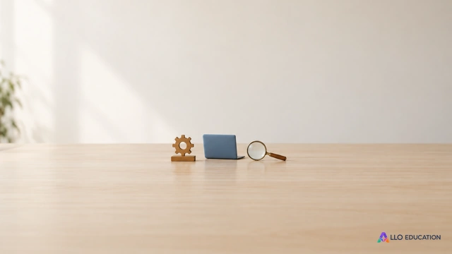 Une petite roue de bois, un ordinateur bleu sans marque et une loupe sur table claire.