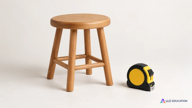 Un tabouret en bois et un outil de mesure fermé sans graduations, isolés sur fond clair.