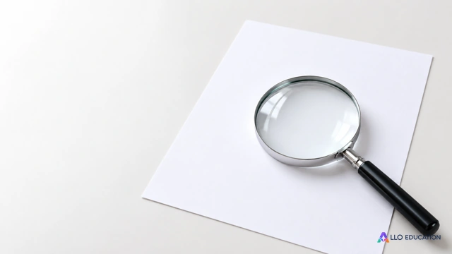 Une loupe posée sur une fiche de questionnaire entièrement vierge, seule sur fond clair.