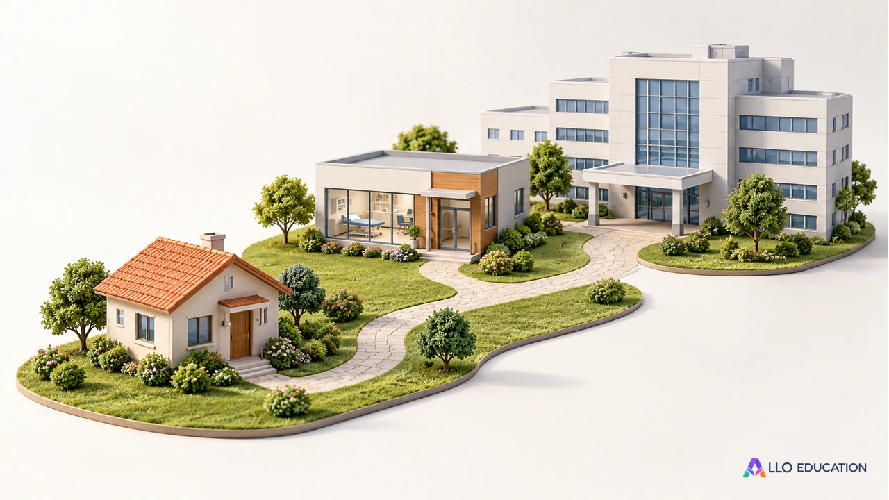 Petit ensemble architectural de soins, relié à une maison par un chemin, sans texte.