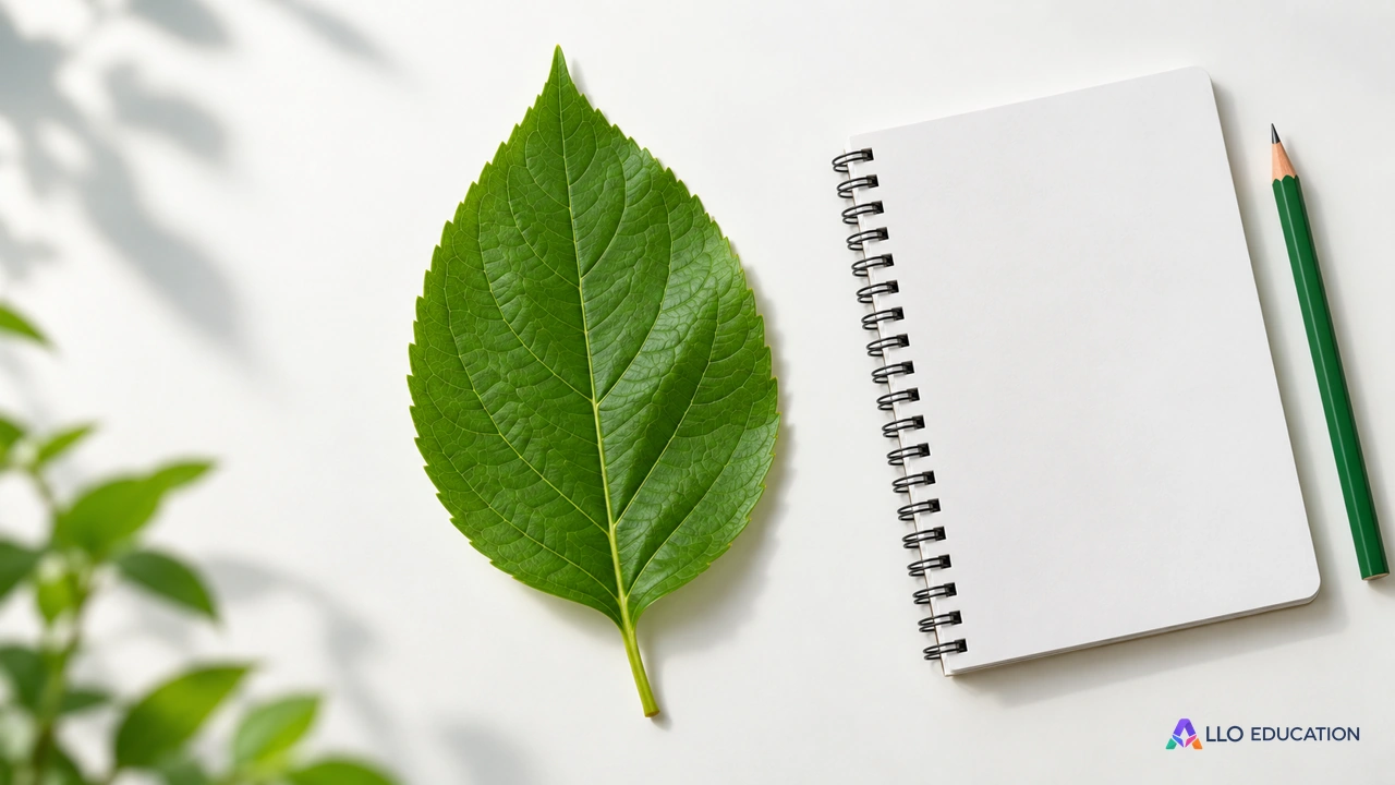 Une feuille verte entière près d’un carnet blanc et d’un crayon uni.