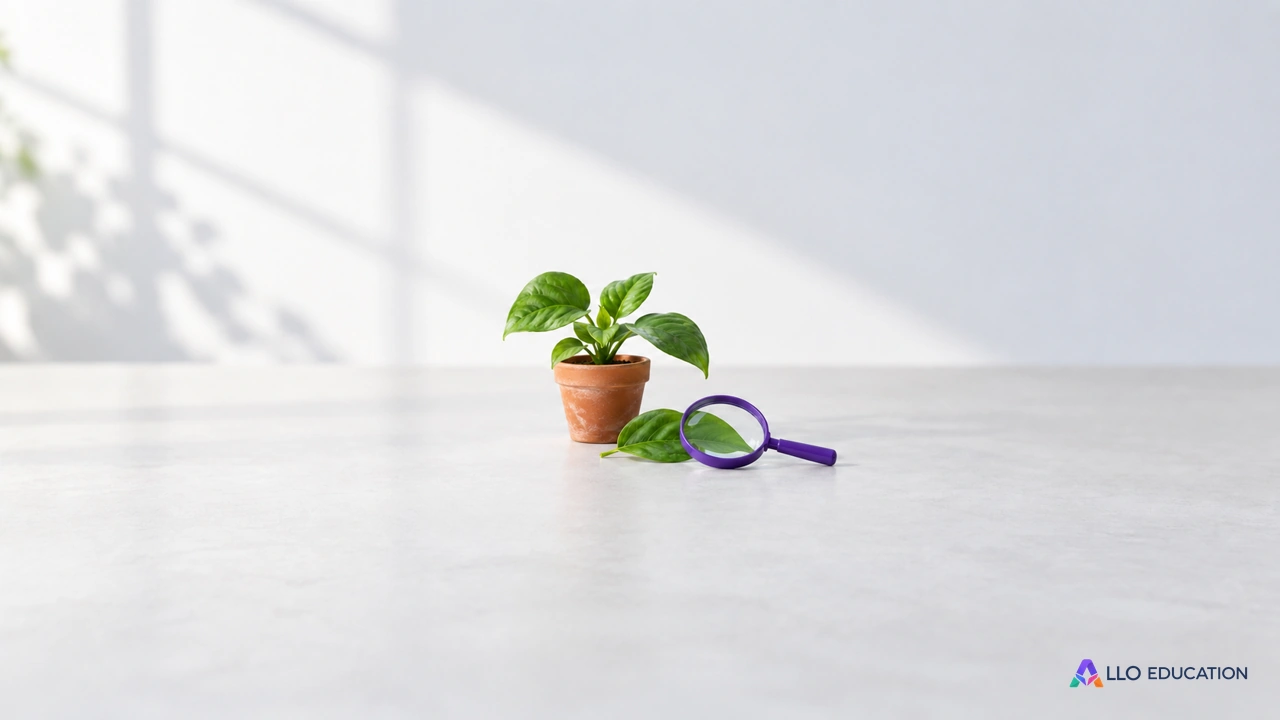 Petite plante feuillée, feuille détachée et loupe violette évoquent l’exploration de l’organisation du vivant.