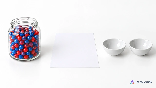 À gauche un bocal transparent de perles bleues et rouges mélangées ; au centre une feuille entièrement blanche ; à droite deux coupelles vides séparées.