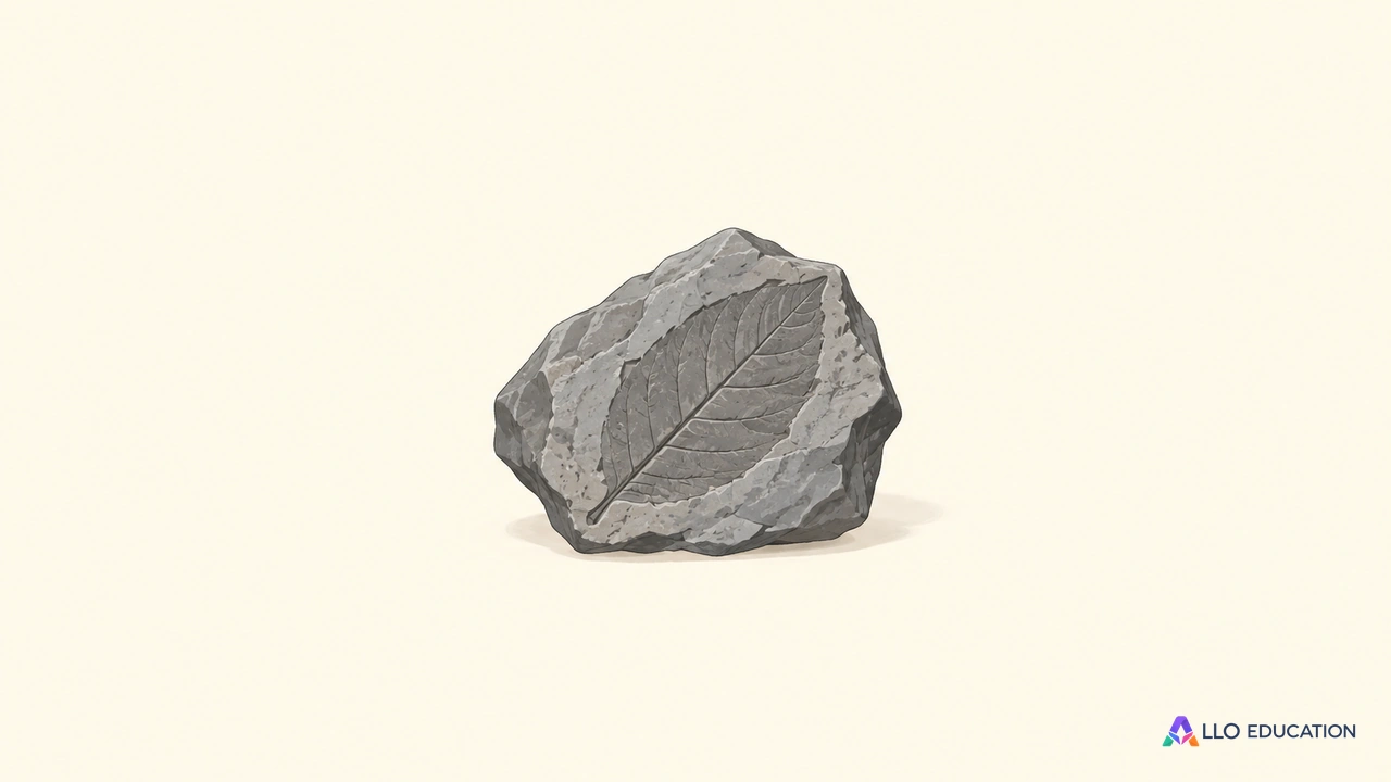 Un fragment de pierre grise entier avec une empreinte de feuille, sur fond clair sans inscription.
