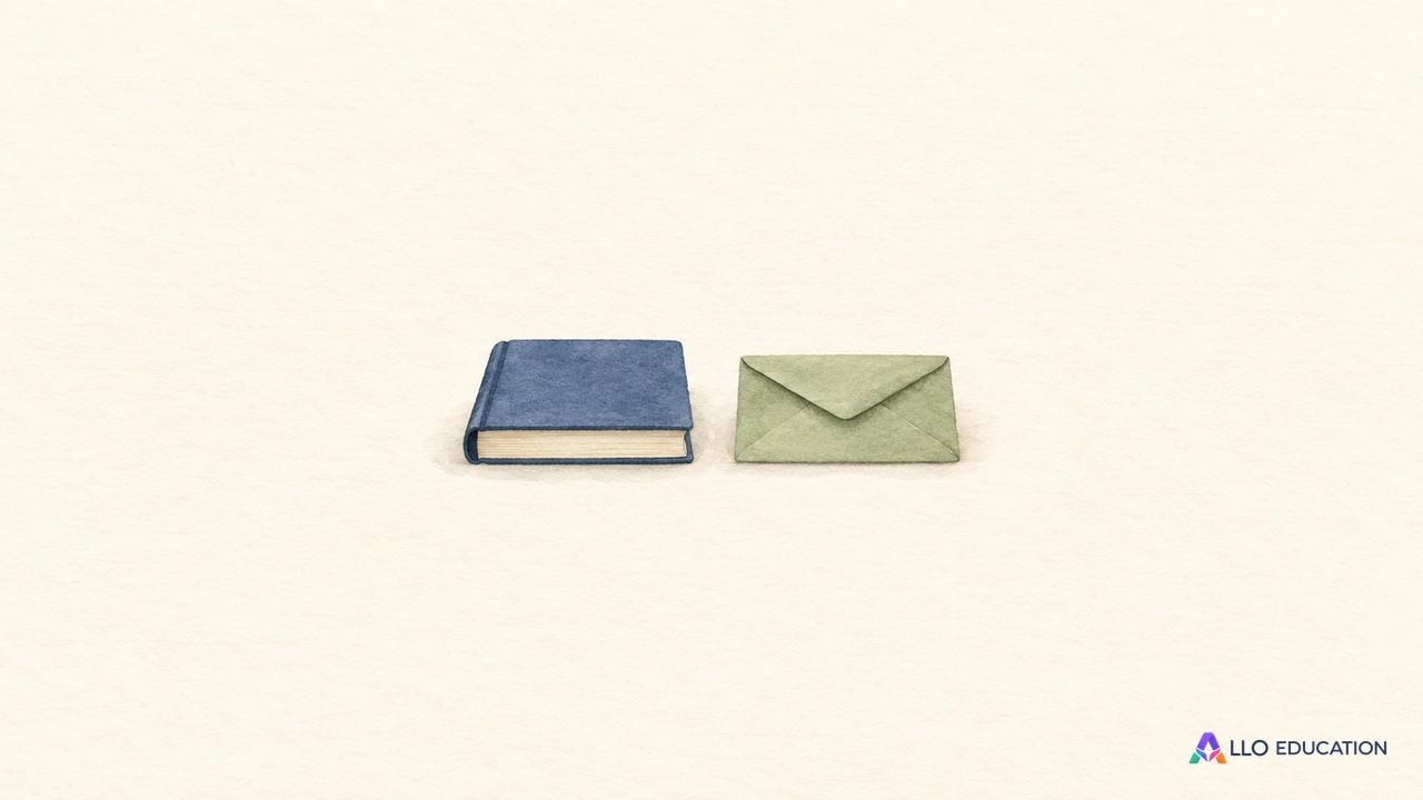 Un petit livre fermé entier et une enveloppe entière, sans inscription, occupent le centre d’un fond ivoire.