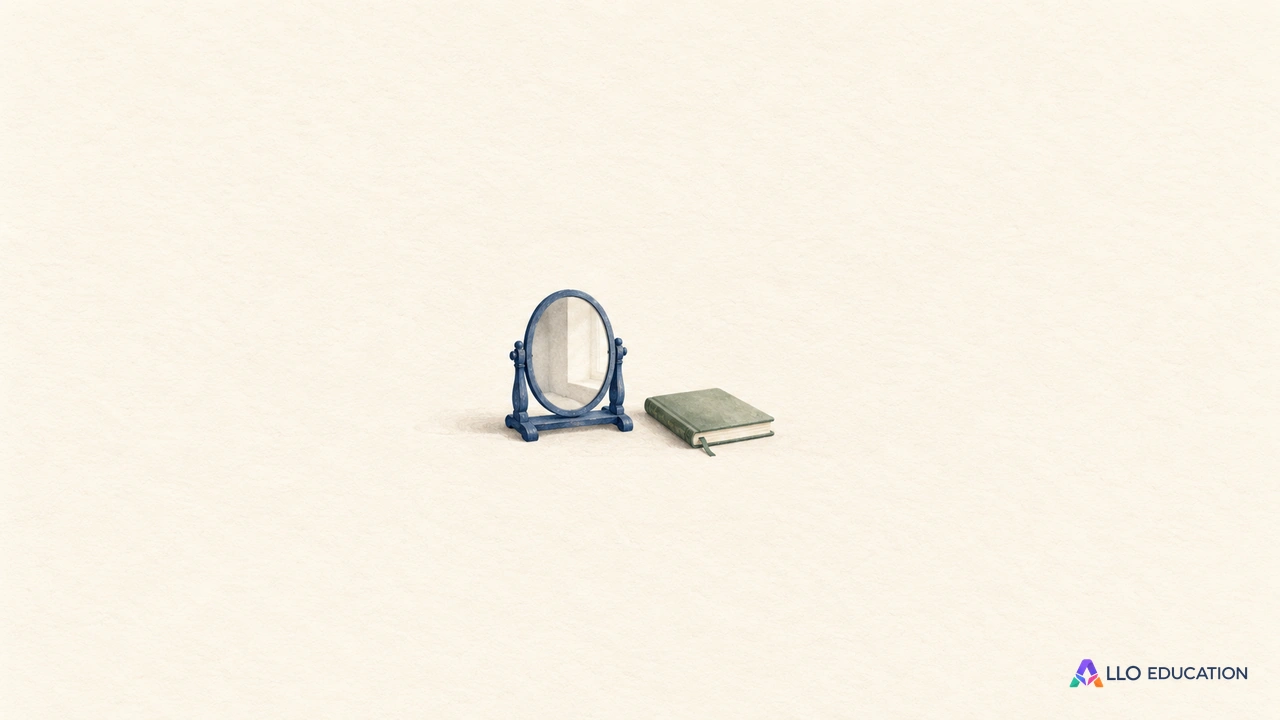 Un miroir et un carnet miniatures, entiers, évoquent se raconter et se représenter.