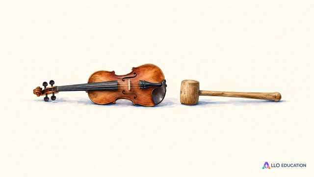 Un petit violon complet et un maillet de bois entier sont posés côte à côte au centre d’un fond ivoire.