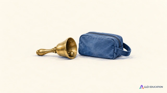 Une petite cloche en laiton et un sac bleu sont réunis au centre d’un fond clair.