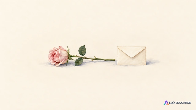 Une rose rose pâle entière et une petite enveloppe vierge sont réunies au centre d’un fond ivoire.