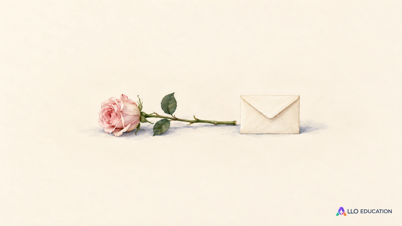 Une rose rose pâle entière et une petite enveloppe vierge sont réunies au centre d’un fond ivoire.