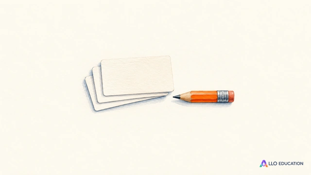 Trois petites fiches vierges légèrement décalées et un crayon orange sont regroupés sur un fond clair.