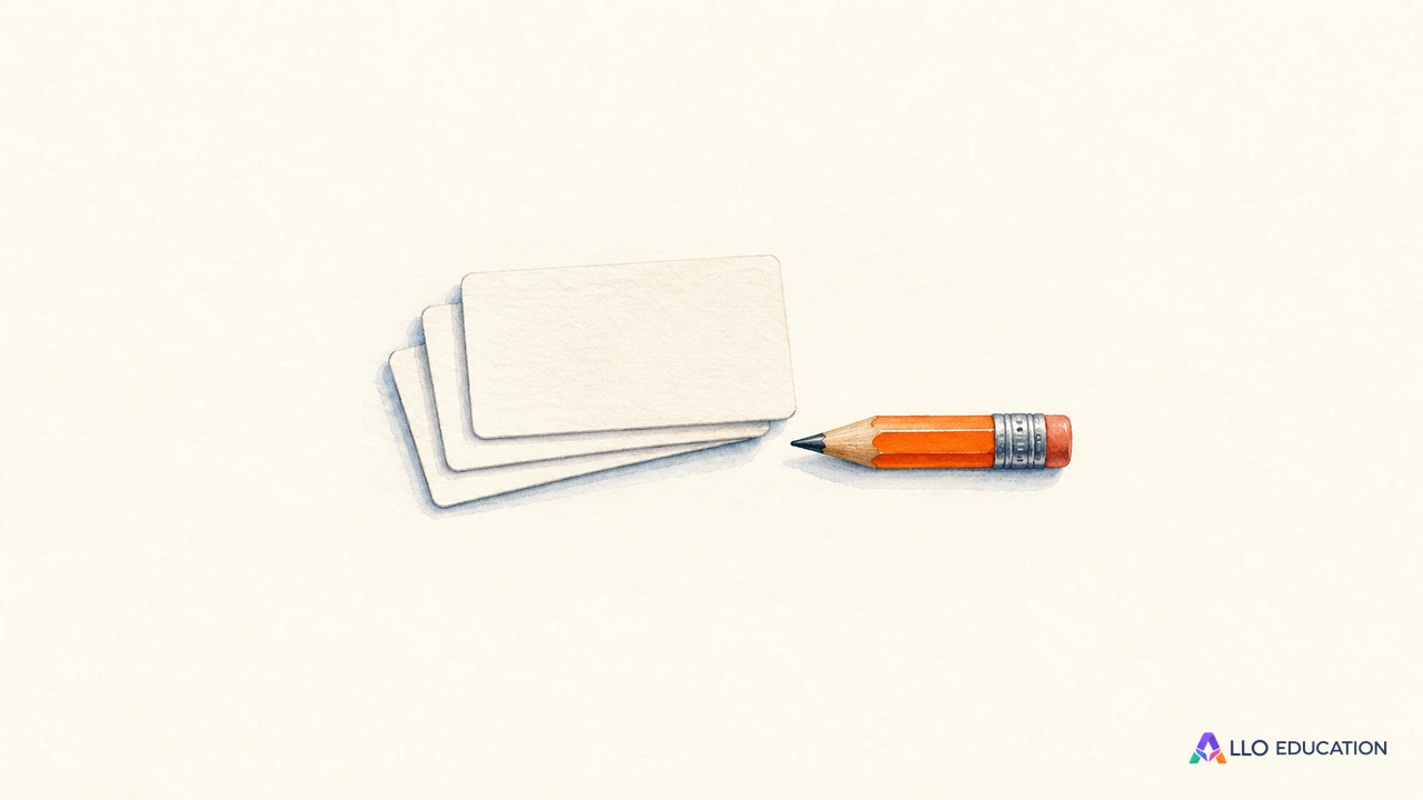 Trois petites fiches vierges légèrement décalées et un crayon orange sont regroupés sur un fond clair.