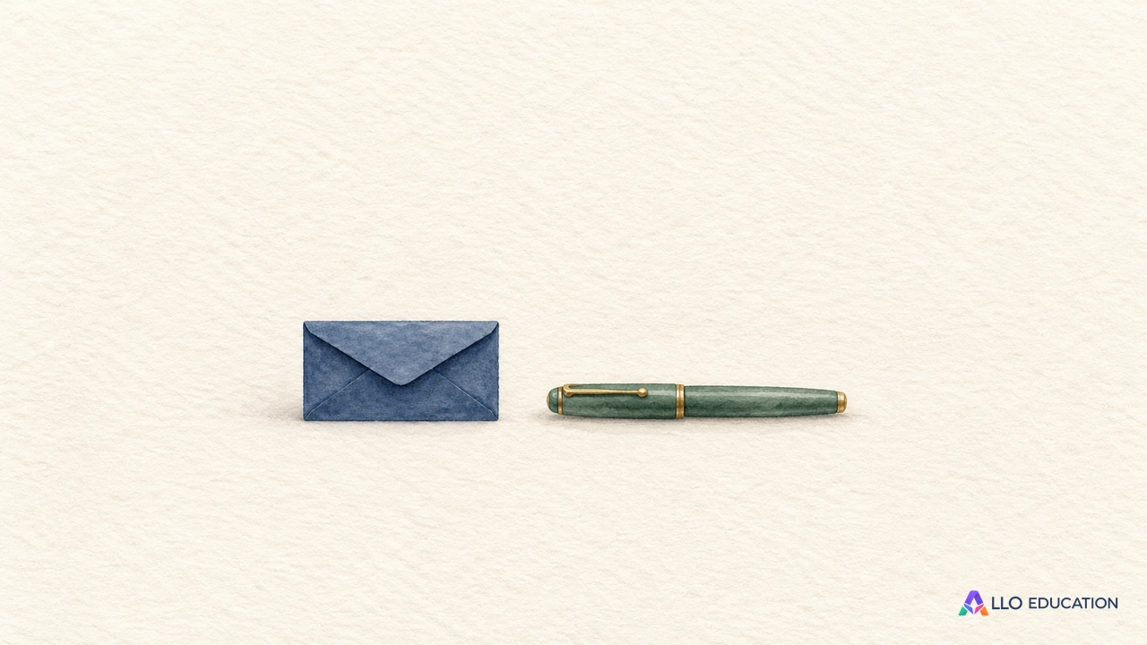 Une petite enveloppe entière et un stylo fermé se trouvent côte à côte au centre d’un fond ivoire.