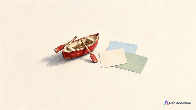 Barque rouge miniature et trois cartes vierges de couleurs distinctes sur une table, au centre du cadrage.