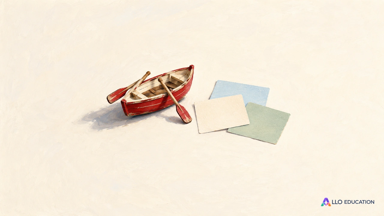 Barque rouge miniature et trois cartes vierges de couleurs distinctes sur une table, au centre du cadrage.