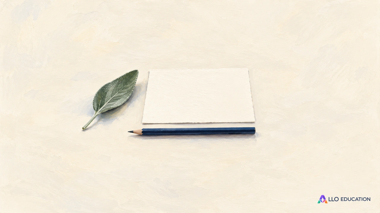 Une feuille botanique, un crayon et du papier vierge composent un petit atelier d’écriture sur une table claire.